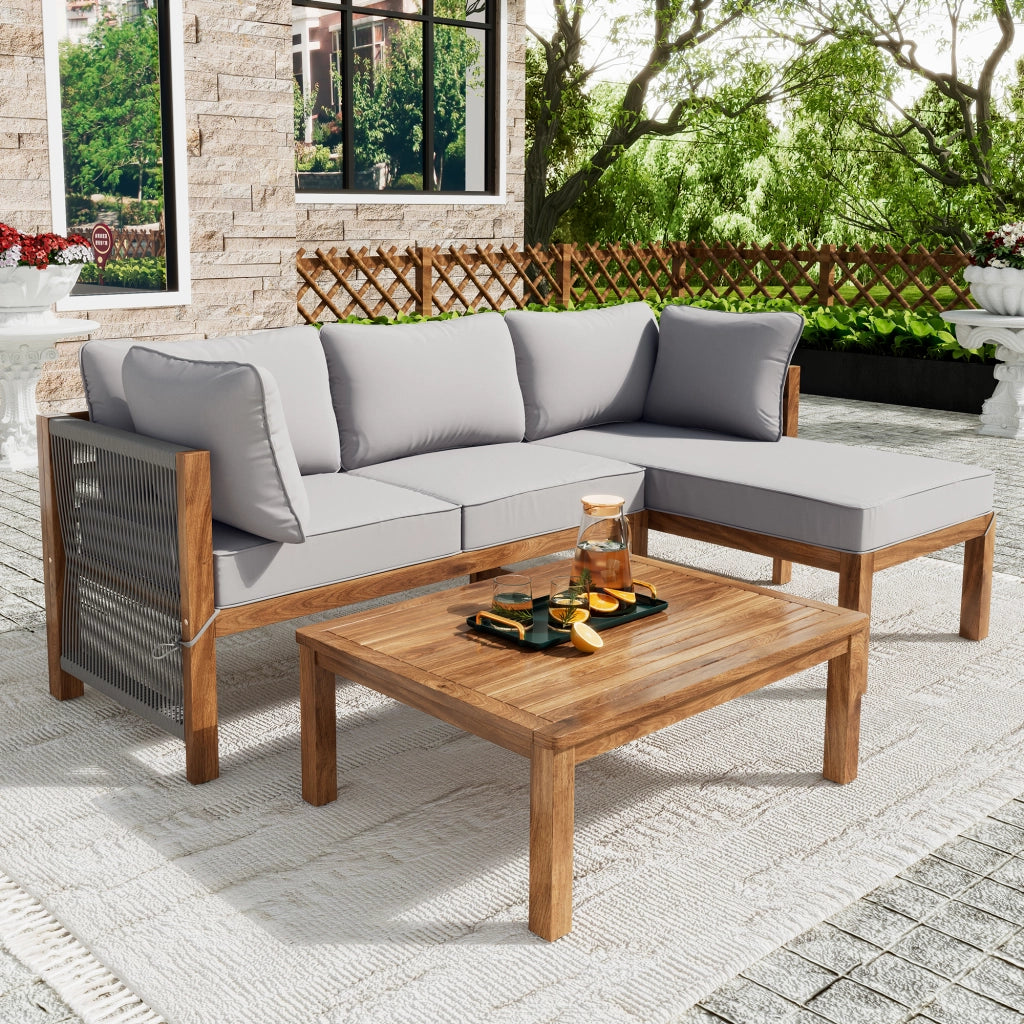 OKWISH Set da giardino 3 pezzi con 2 divani a 2 posti e 1 tavolino, Legno di acacia Grigio e corda intrecciata