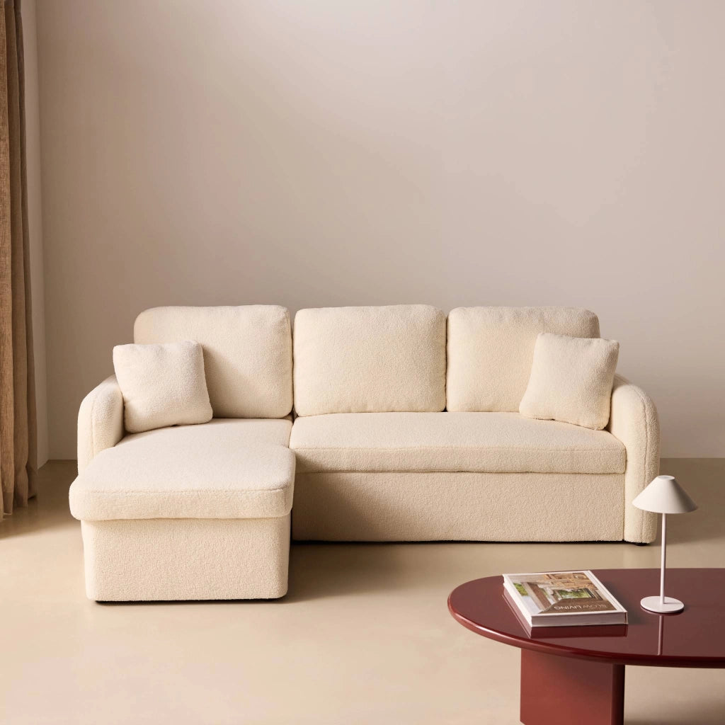 Divano letto angolare reversibile in bouclé con contenitore, 3 posti,