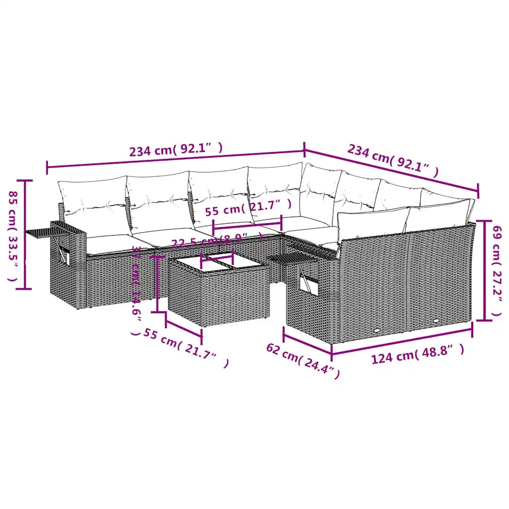 Set Divano da Giardino 9 pz con Cuscini Grigio in Polyrattan 3252297