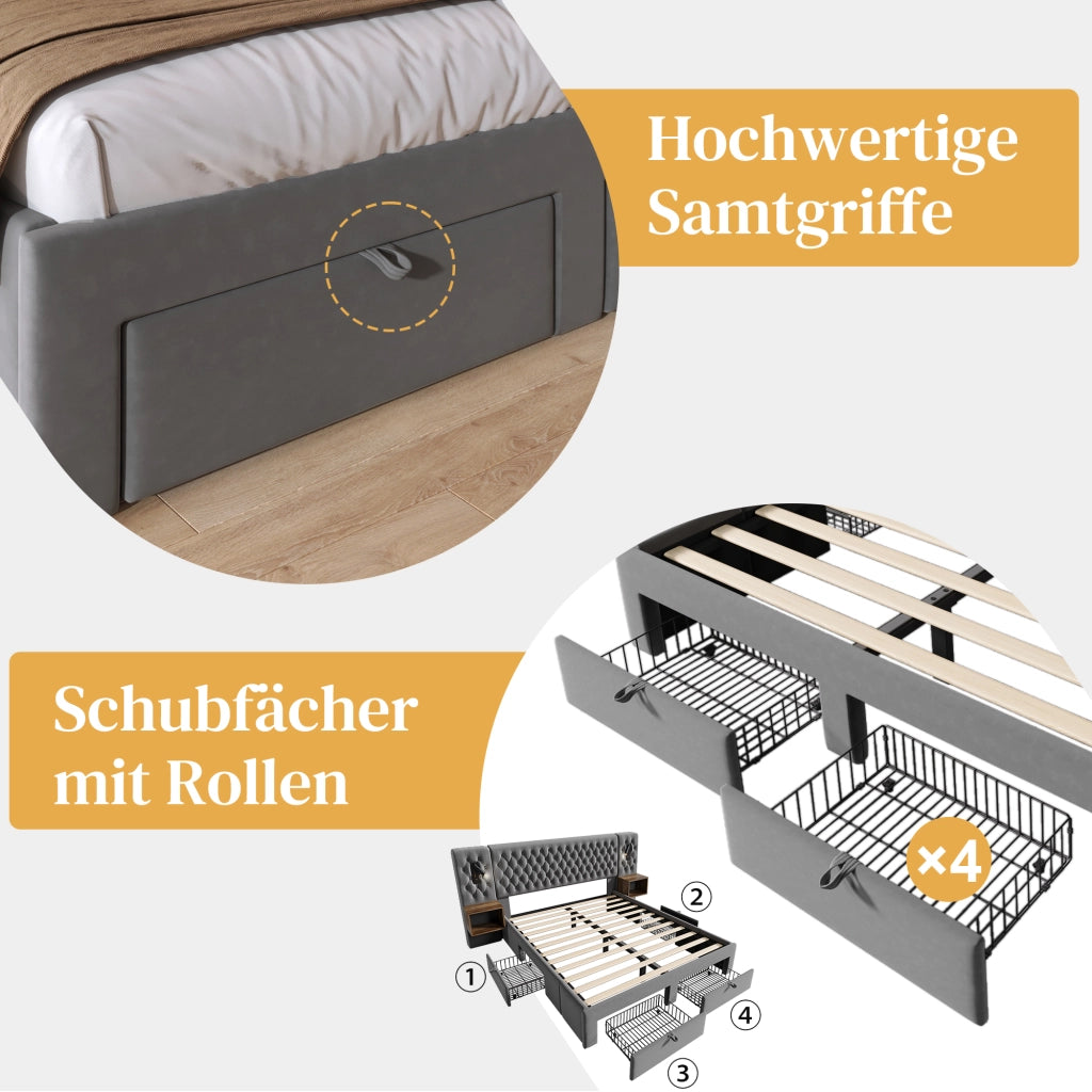 Set camera completo – 160x200 cm – 2 comodini 4 cassetti luce USB – velluto grigio