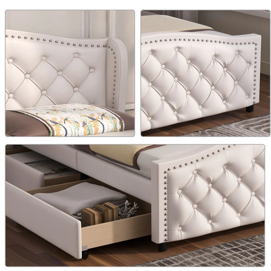 OKWISH Letto con Cassetti 140×200 cm, Letto Matrimoniale con 2 Cassetti e Testiera Imbottita, senza Materasso, in PU, Bianco