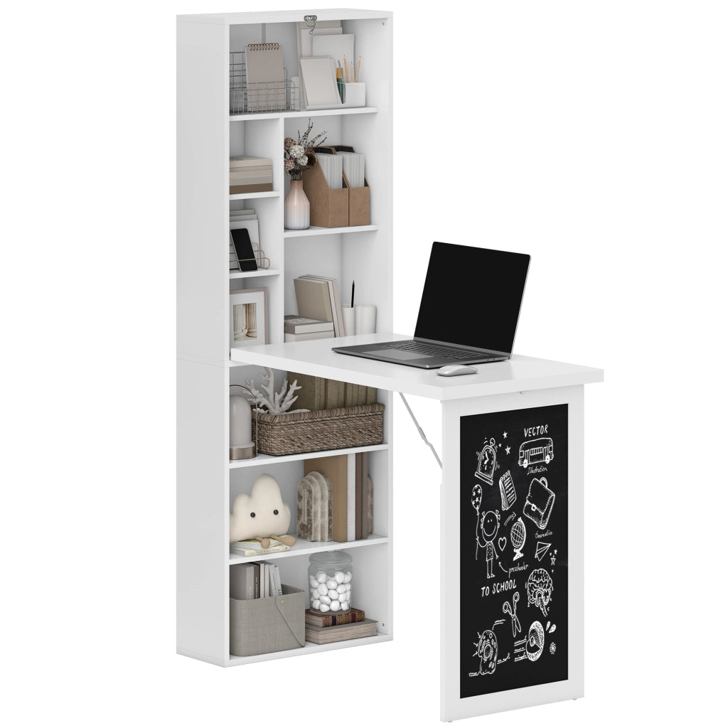 Scrivania PC Pieghevole con Libreria a 9 Ripiani in Legno e Metallo, 98x51x153 cm, Bianco