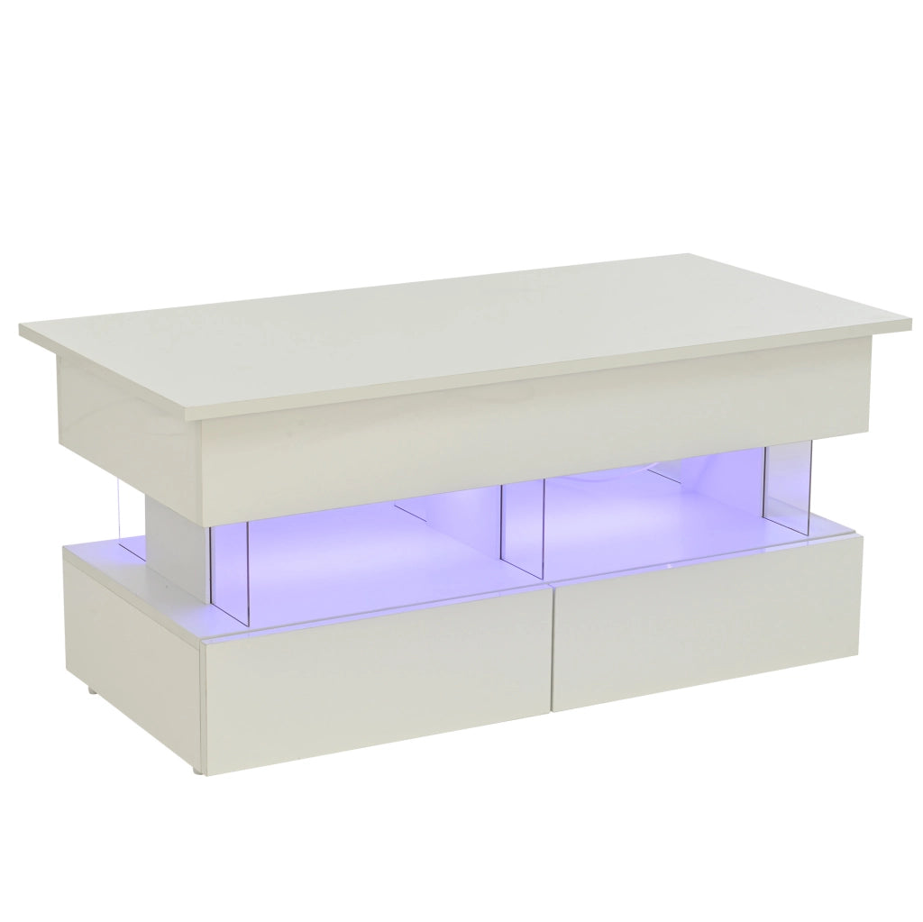 Tavolino da salotto ULEVR 100x50x46 cm con piano sollevabile idraulico, LED Bluetooth e 2 cassetti, bianco
