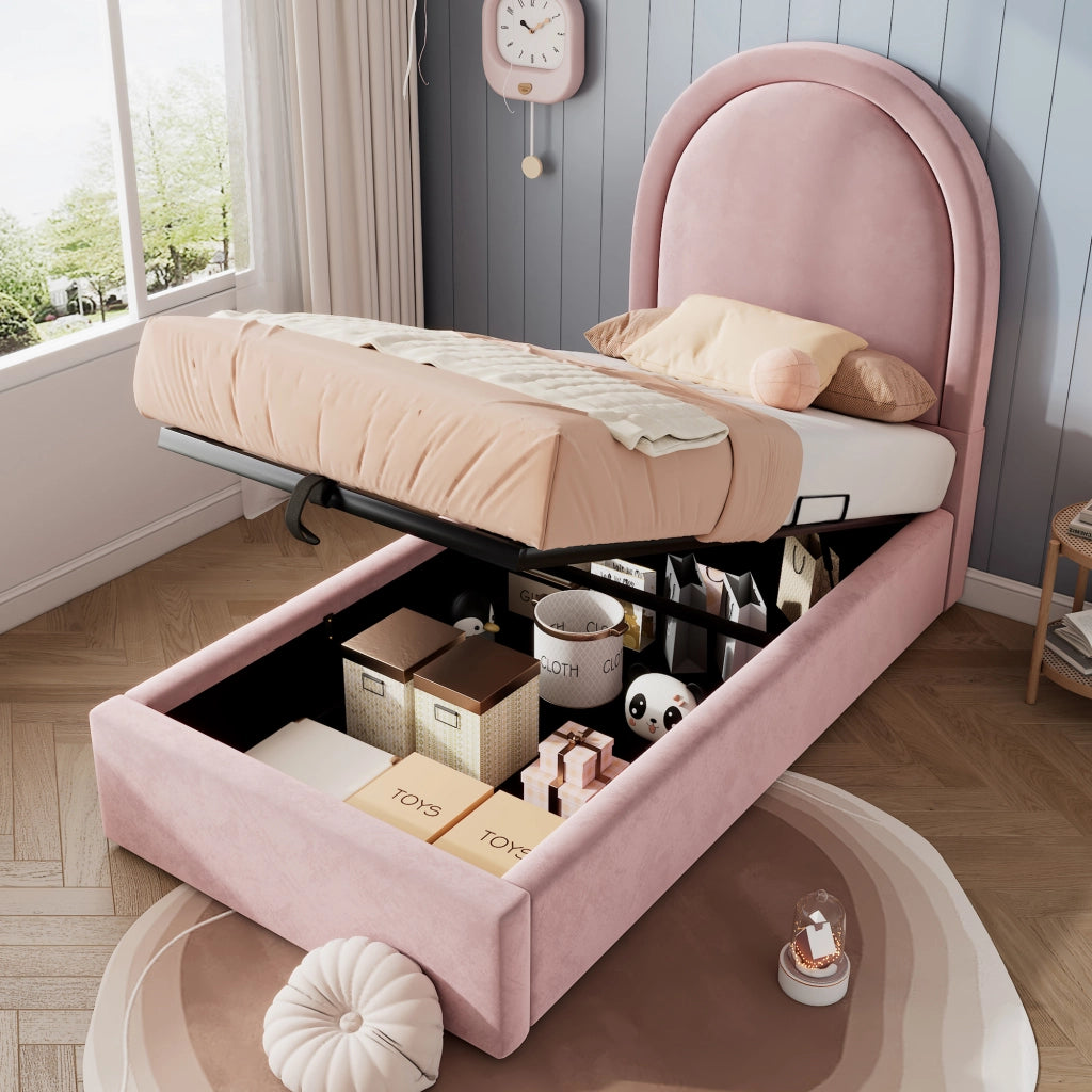 Letto bambino imbottito – 90x200 cm – con materasso – velluto rosa