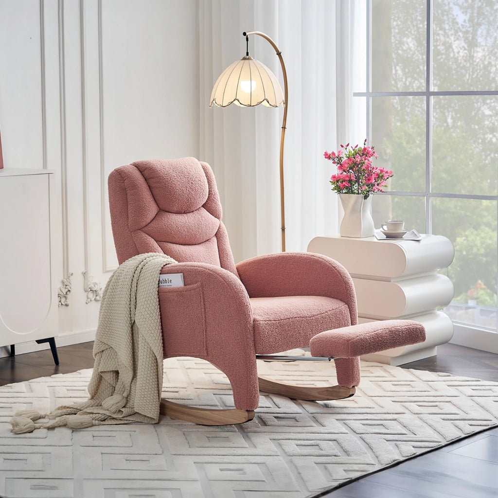 Poltrona a dondolo relax con poggiapiedi pieghevole e schienale ergonomico in tessuto teddy rosa per salotto