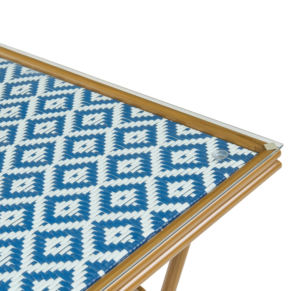 Tavolo da giardino in rattan PE blu e bianco con piano in vetro temperato struttura in alluminio 80 x 80 cm arredo da esterno