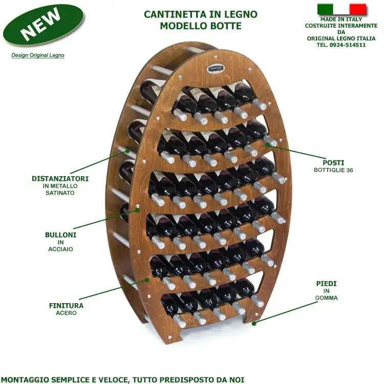 CANTINETTA IN LEGNO PORTA BOTTIGLIE VINO MODELLO BOTTE 36 BOTTIGLIE FINITURA NOCE L.75 x P,25 x H.120 100% FABBRICATO IN ITALIA