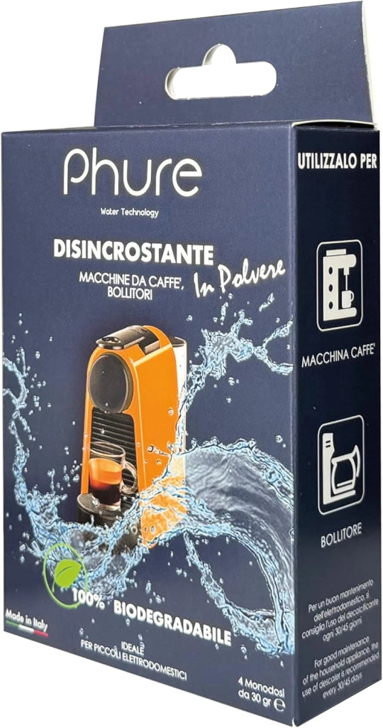 PHURE Decalcificante in Polvere Monodose per Macchina da Caffè, Bollitori, piccoli elettrodomestici, compatibile con tutte le macchine da caffè, 100% Biodegradabile, Ecologico Made in Italy