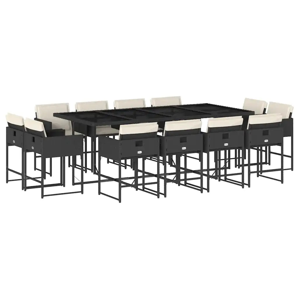 Set da Pranzo da Giardino 13pz con Cuscini Nero in Polyrattan