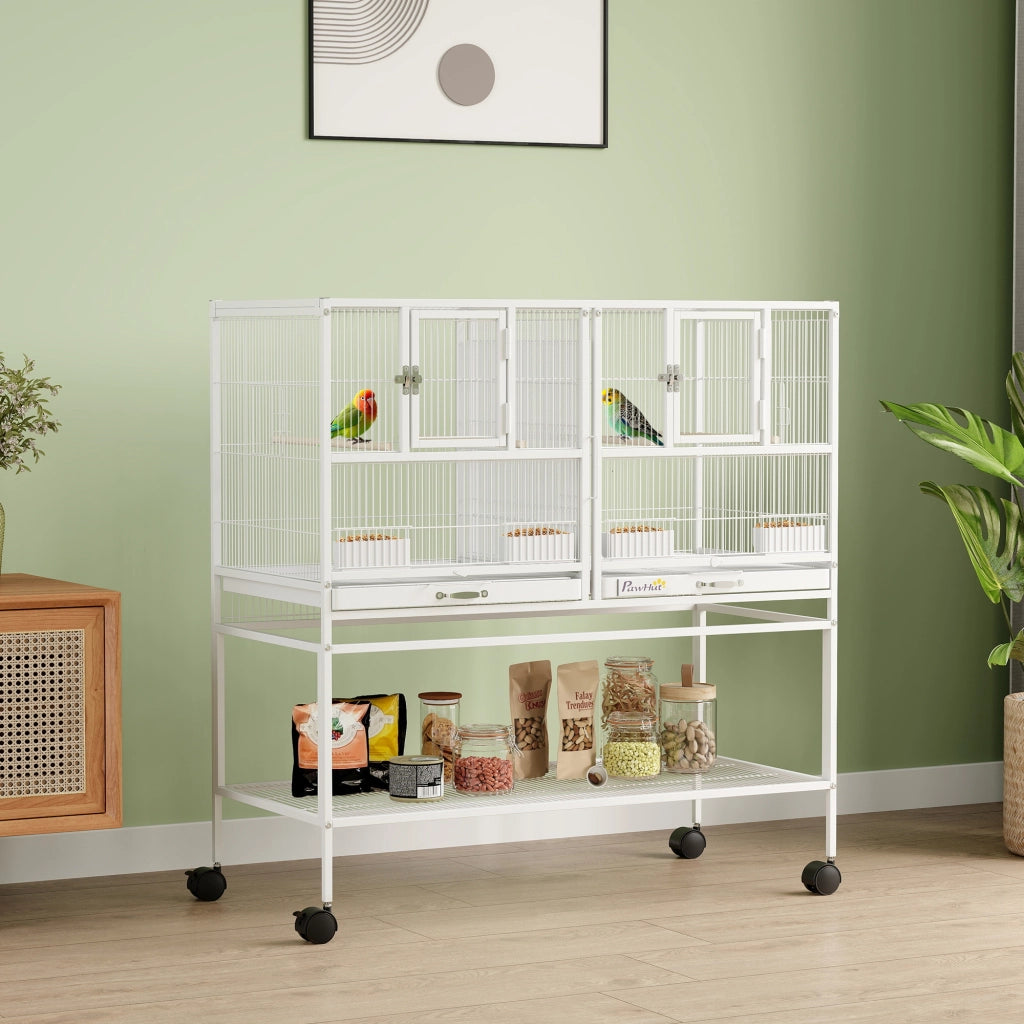 Gabbia per Uccelli Grande con Divisorio Ruote 4 Mangiatoie 4 Posatoi Ripiani 2 Vassoi Estraibili ¨C Xylo ¨C 95x45,5x102 cm Bianco