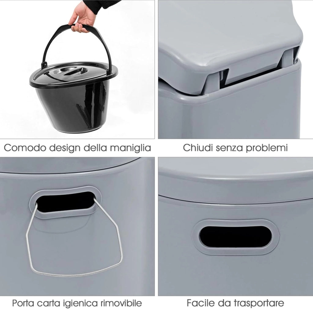 Toilette Portatile WC Chimico, WC da Viaggio Leggero con Secchio Interno Rimovibile,Water Portatile per Adulti e Anziani con Portarotolo, Supporto Carico 200 kg, 41 x 49 x 34 cm (Grigio)