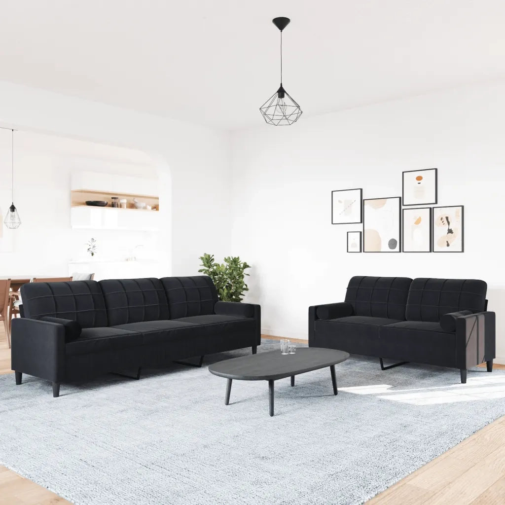 Set di Divani 2 pz con Cuscini e Rinforzi Nero in Velluto
