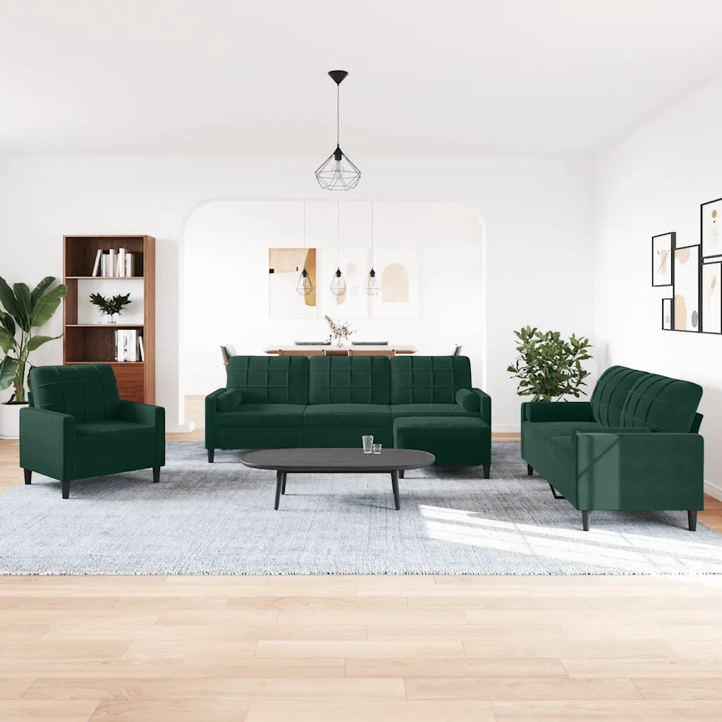 Set di Divani 4 pz con Cuscini e Rinforzi Verde scuro Velluto