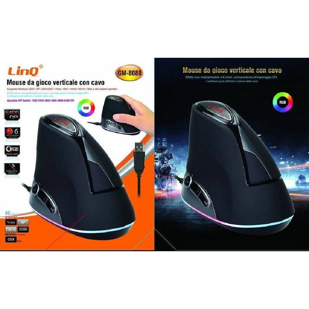 Trade Shop - Mouse Gaming Da Gioco Verticale Con Cavo Usb Luce Rgb 6400dpi Computer Pc Gm-8088 -