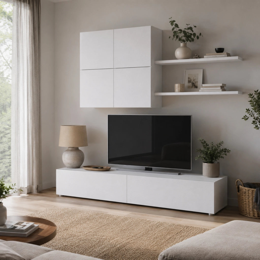 Mobile Soggiorno Parete Attrezzata Con Base TV 2 Ante Pensile 4 Ante E 2 Mensole Design Contemporaneo In Melaminico Facile Da Pulire 200 X 194 X 40 Cm Bianco Effetto Legno