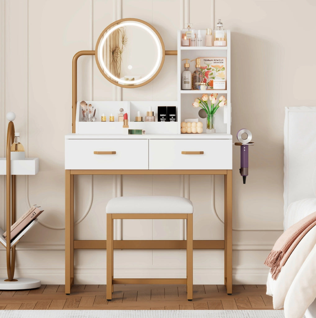 Toeletta bianca e oro con specchio LED, prese USB e sgabello