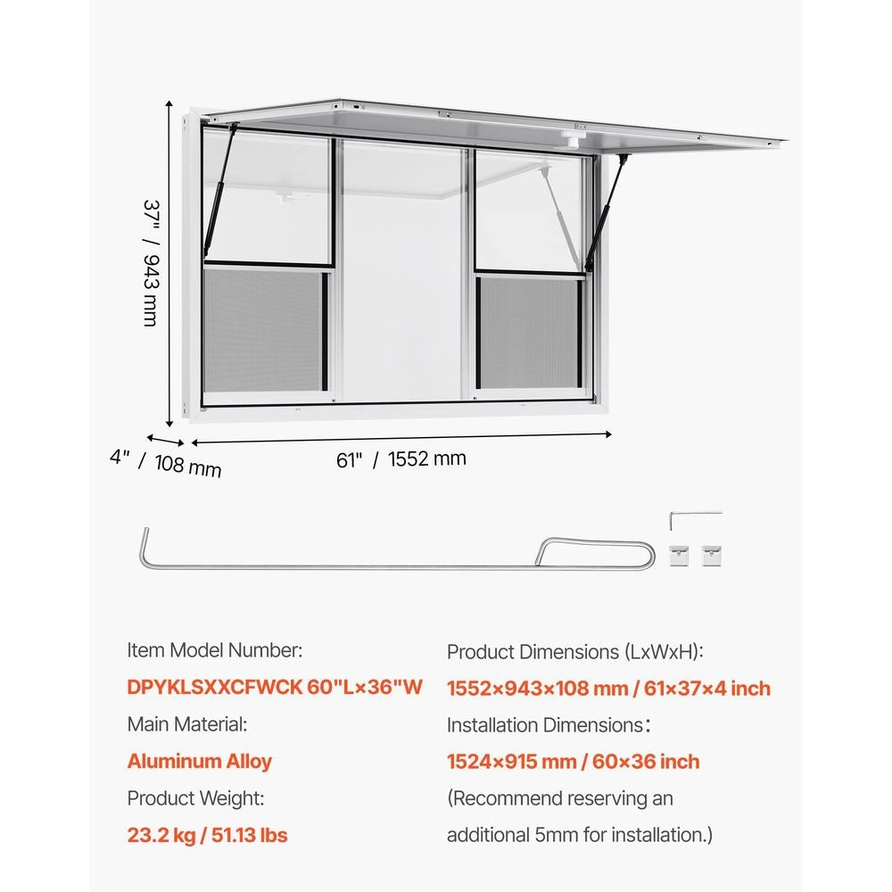 Swivel Window For Food Service (1524 X 915 Mm Installation Dimensions), Serving Window For Food Trailers With An 85° Opening Angle And 6 Sliding Windows, Concession Window For Concession Stands And Food Trucks