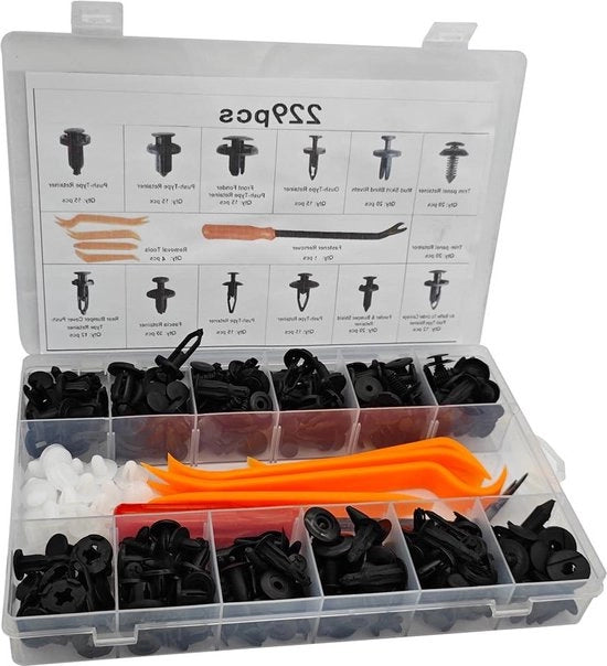 Set con 229 pezzi di clip per auto carrozzeria - Viti a spillo per fissaggio del parafango - Chiodi a spillo per auto - Fissaggi per kit auto in plastica di alta qualità.