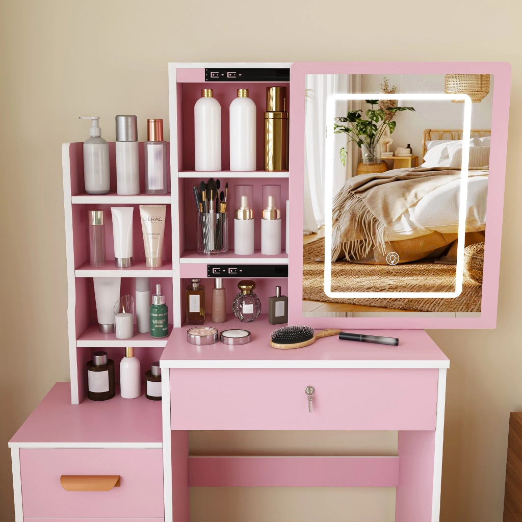 Toeletta con sgabello e specchio LED a 3 modalità in MDF rosa