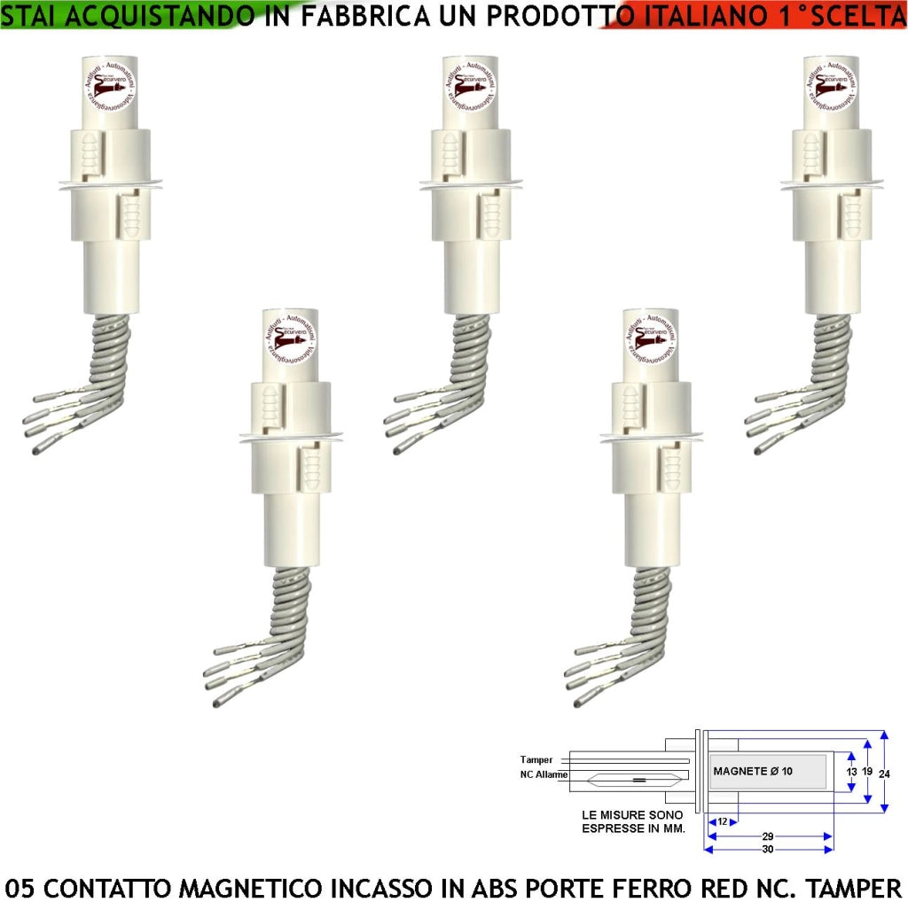 Sensore Magnetico Cilindrico ad Incasso in ABS Allarme Apertura Porta Blindata o Cancello Ferro 5 Pezzi Contatti Reed Antifurto Campo 35 mm 4 Fili 2 NA 2 Tamper Max 30 V 10 W Fissaggio Interno IP67