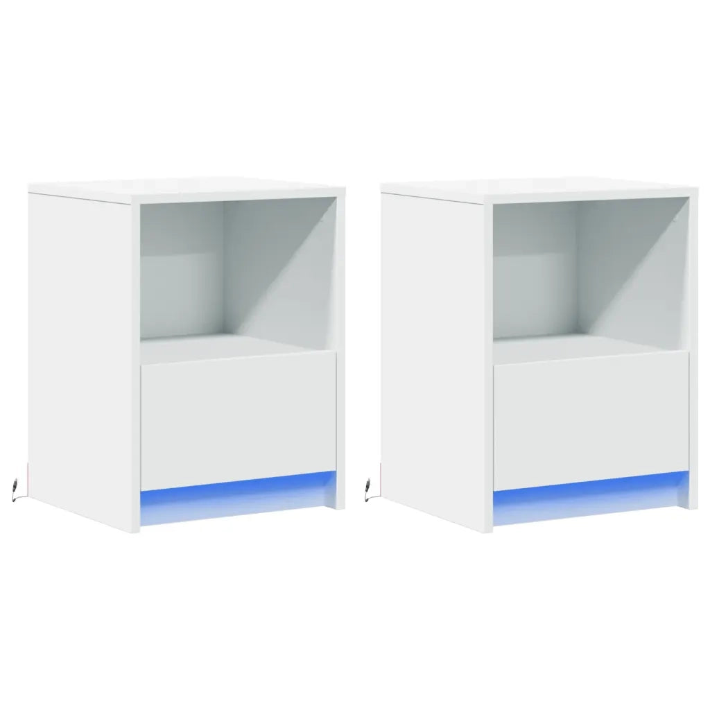 Set di 2 Comodini | Armadio da Notte | Mobiletto da notte con Luci LED Bianchi in Legno Multistrato
