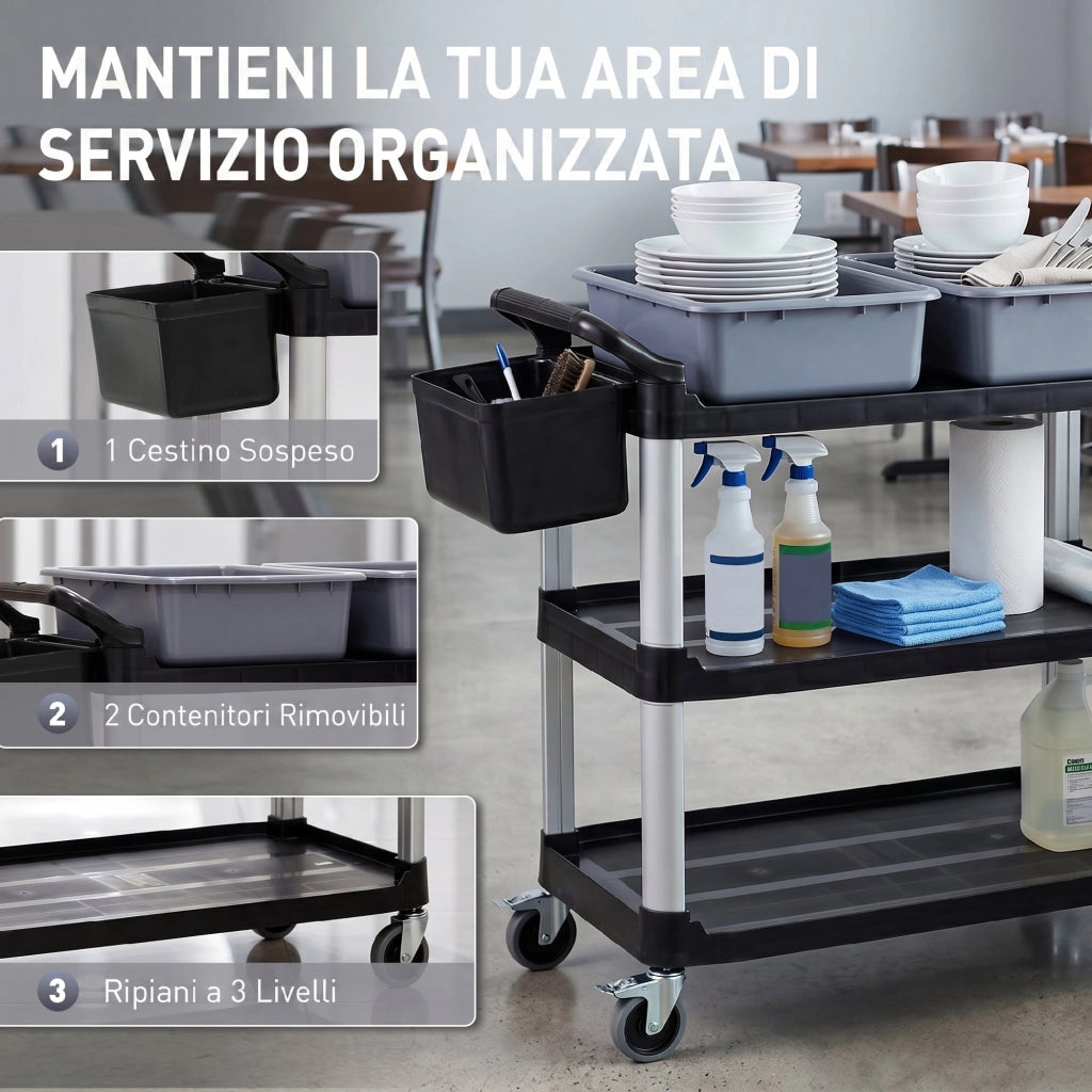 Carrello Pulizie Professionale 115x50x100 cm a 3 Ripiani con 2 Contenitori Rimovibili Bidone Laterale e 4 Ruote in PP