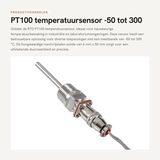 Sensore di temperatura PT100 - Misurazione precisa - Sonde in acciaio inossidabile 6 mm x 50 mm - 1/2 NPT viti - 2 m cavo - Temperatura di servizio -50 a 300 °C - Sonde di temperatura