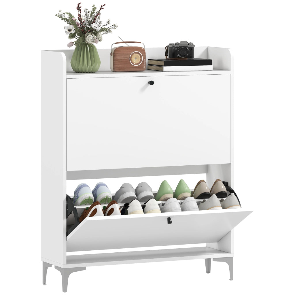 Scarpiera Slim Salvaspazio ¨C Xylo ¨C Legno e Metallo Bianco 2 Cassetti a Ribalta 80x24x101 cm