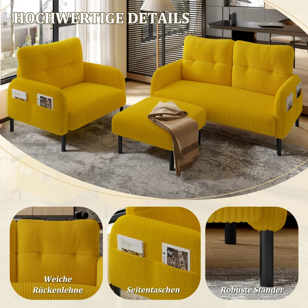 DIVANO Set da 3 pezzi in cord giallo 120 x 75 x 79 cm