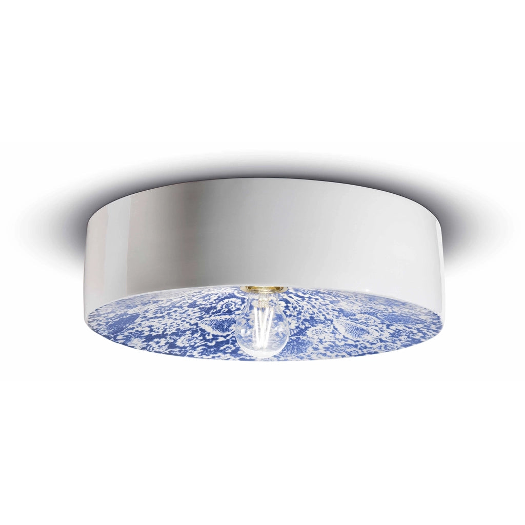 Plafoniera Grande Vintage Decò Pi Ceramica Ming Blu 1 Luce E27