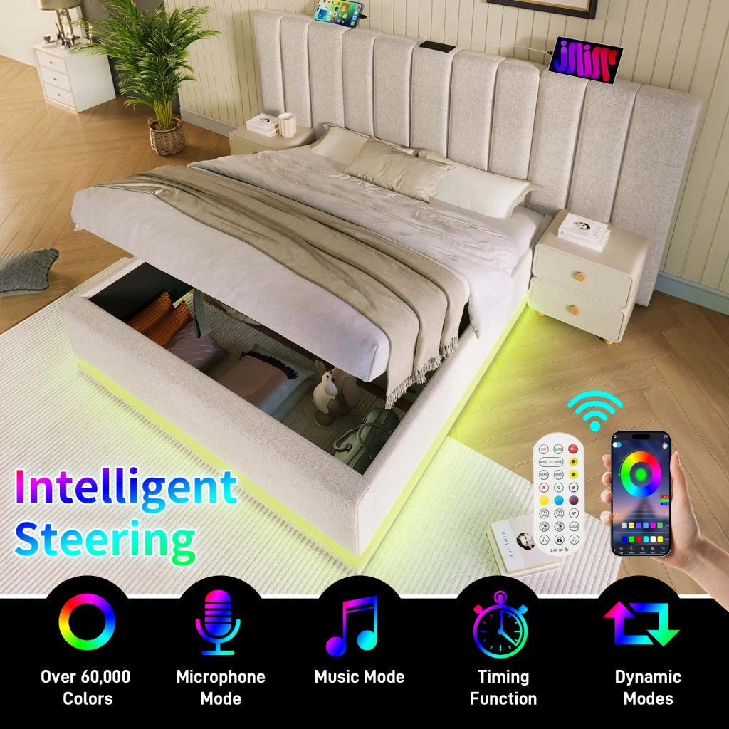 Letto contenitore matrimoniale 160 × 200 cm con apertura idraulica, LED 360°, USB e tipo C, senza materasso, beige