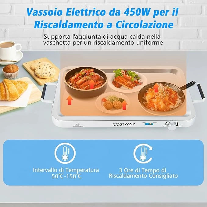 9 L Scaldavivande Elettrico Portatile, 2 in 1 Vassoio Riscaldante Elettrico con Controllo della Temperatura, Scalda Vivande in Acciaio da 450W con 3 Vassoi, per Buffet Feste