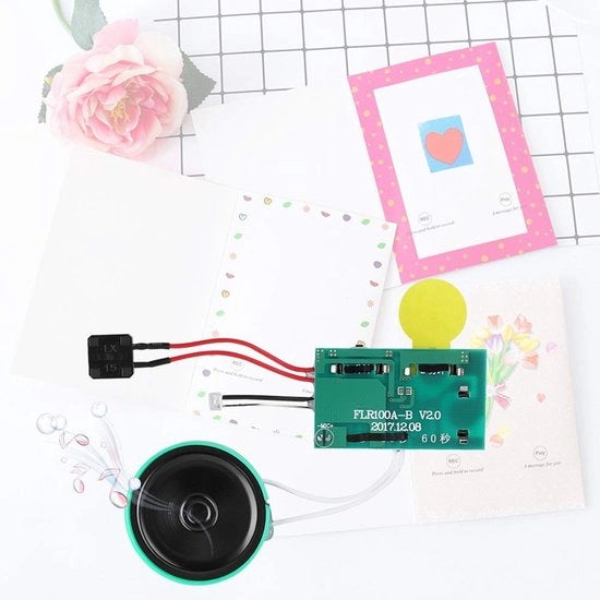 Modulo di registrazione 60 secondi - Chip di registrazione - Carta di desideri DIY - Modalità di riproduzione ripetuta/annuale - 3 batterie al knoop - 46 x 27 x 10 mm - Modulo di audio
