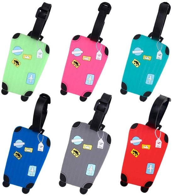 Trasportatore bagagli 6 pezzi - Trasportatore bagagli morbido - PVC - Impermeabile - Antiscivolo - Dimensioni 8,5 x 5 cm - Colori ciano/grigio/arancione/verde/blu/rosso - Etichetta bagagli