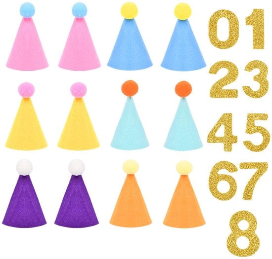 Set di cappelli per festa per bambini 12 pezzi - Decorazioni per compleanni - Cappelli da festa - Cappelli da keg - Etichette da numerare d'oro - Adatti per animali di peluche - Cappellini da festa