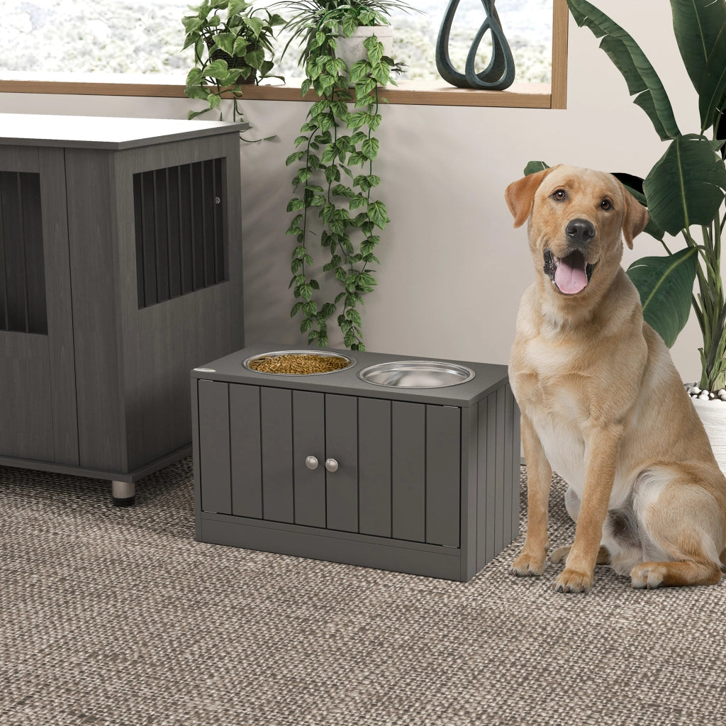 Ciotole rialzate per cani grandi con contenitore 44L ¨C Xylo ¨C 2 ciotole inox, ante magnetiche, grigio