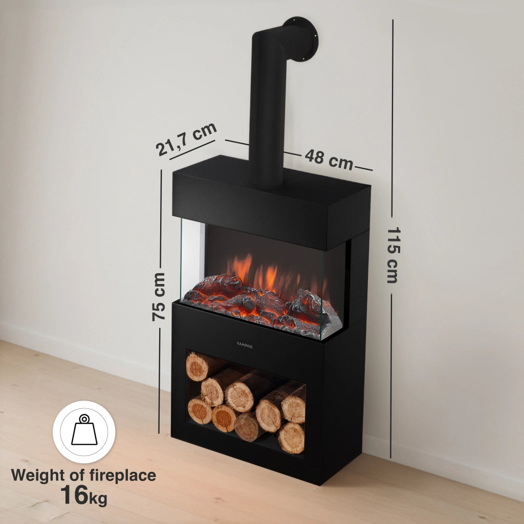 KAMINIO Camino elettrico HENRI con tubo del camino - Stufa elettrica riscaldamento, fiamma 3D, luce ambiente, scomparto de legno, telecomando - Nero