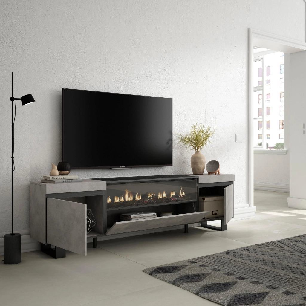 Mobile TV, 200x35x57cm, soggiorno, Per TV fino a 80", Camino elettrico, Design industriale, grigio cemento RF2224