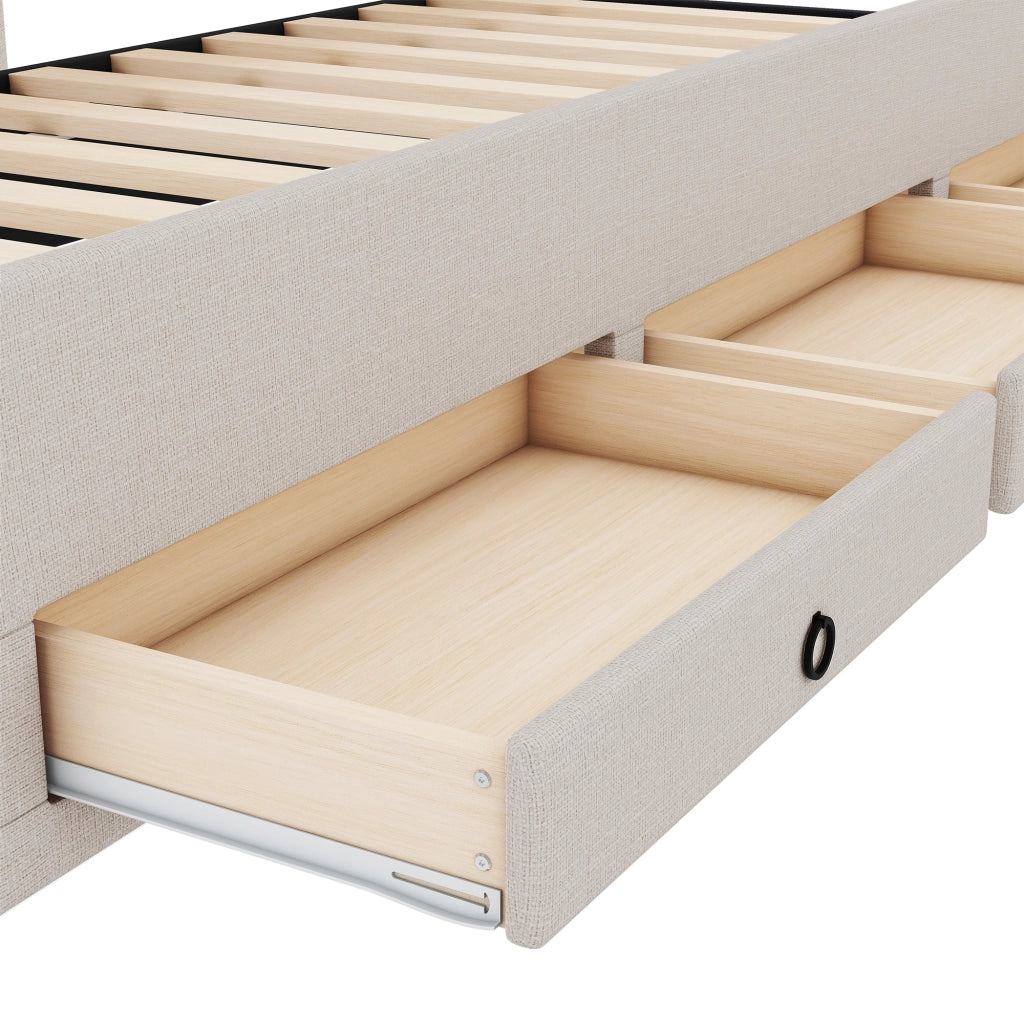 OKWISH Letto con Cassetti 90×200 cm, Letto Singolo con Letto estraibile, 3 Cassetti e Testiera Regolabile, senza Materasso, Beige