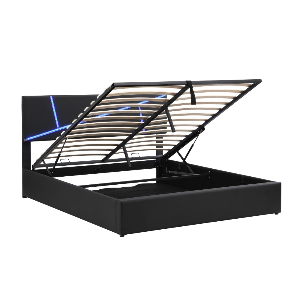Letto imbottito matrimoniale con LED, contenitore idraulico e rete a doghe, PU nero