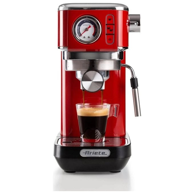 Ariete 1381 Macchina da caffè con manometro, compatibile con caffè in polvere e cialde ESE, 1300 W, Capacità 1,1 L, 15 bar di pressione, Filtro ½ tazze, Dispositivo Cappuccino, Rosso
