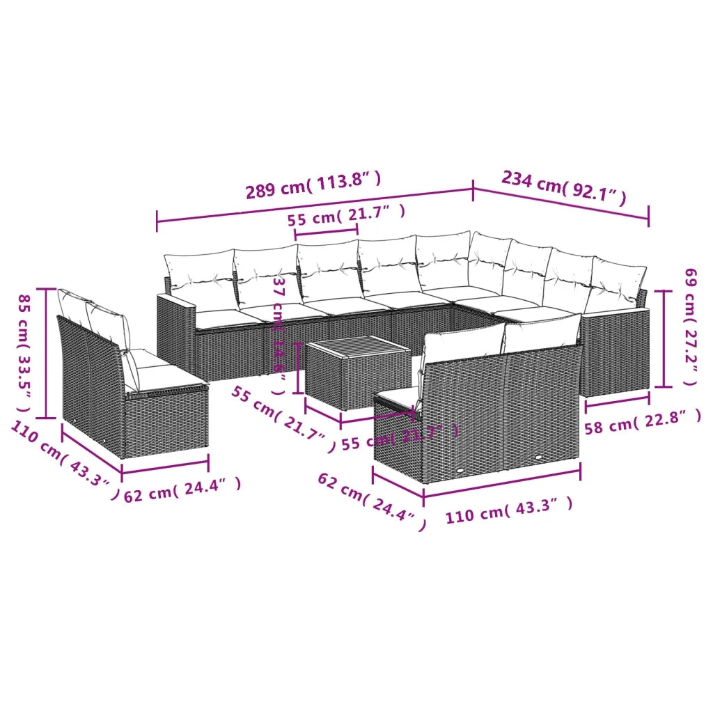 Set Divani da Giardino 13pz con Cuscini Nero in Polyrattan 3258877