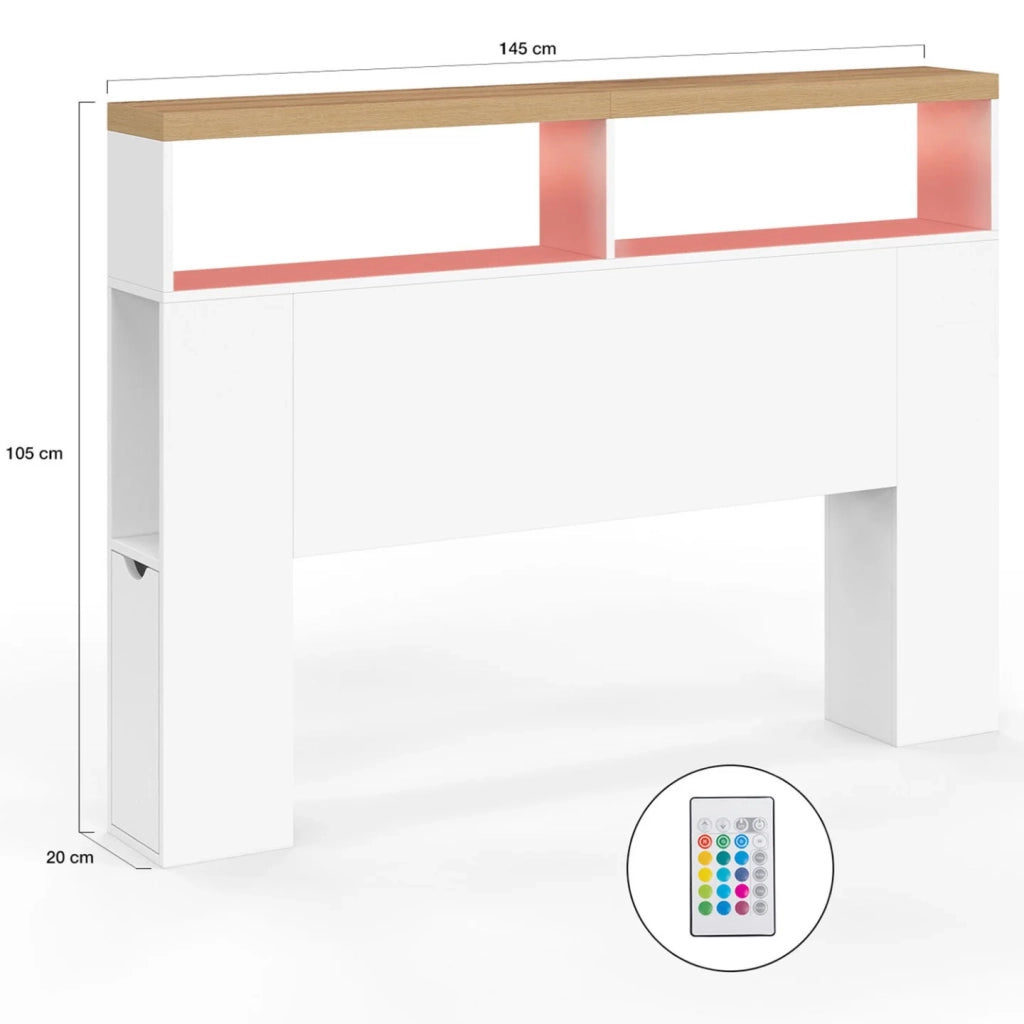 IDMarket - Testiera LUNA 145 cm LED con vani contenitori chiusi e nicchie bianche e top effetto legno