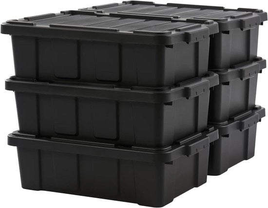 Scatola di stoccaggio in plastica con coperchio e chiusura a clip 25L Set di 6 Stivaleabile Riciclabile BPA libero Zona sottotetto Scuderia Garage DDSKT-230 nero