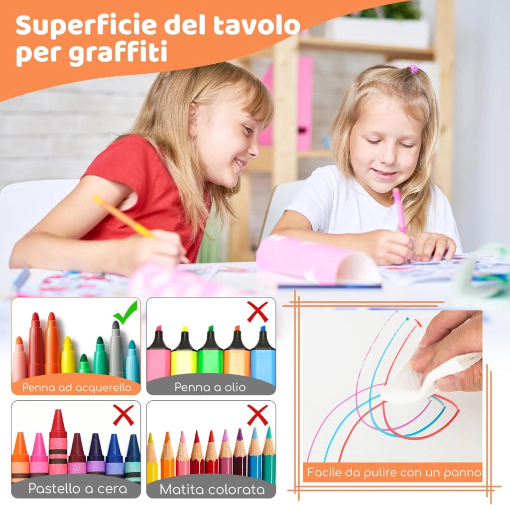 Set Tavolo e 4 Seide per Bambini, Scrivania Regolabile in Altezza con Piano Graffiti, Gambe Antiscivolo, Mobile Multifuzione con 4 Posti per Cameretta, Asilo e Scuola (Naturale)