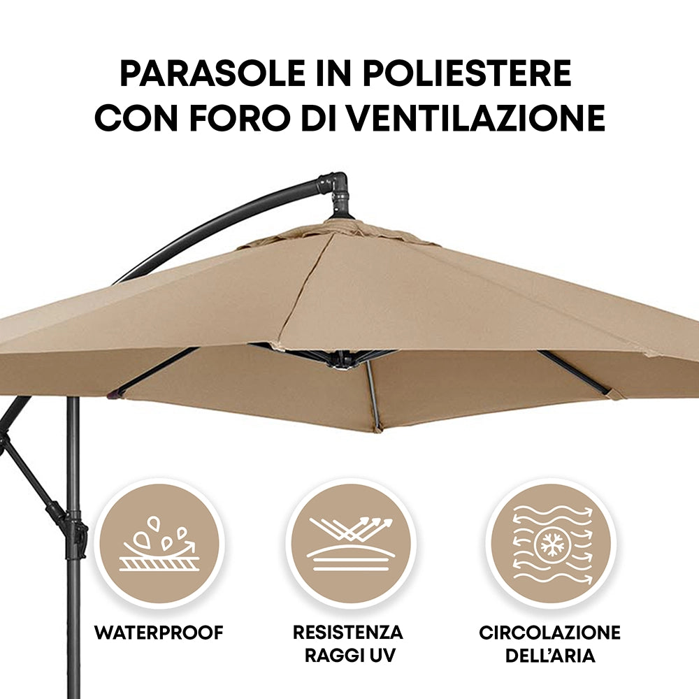 Ombrellone da Giardino Decentrato 3x2 m con Braccio Laterale e Manovella, Parasole Rettangolare Impermeabile in Poliestere con Foro di Ventilazione, Struttura in Acciaio, Beige