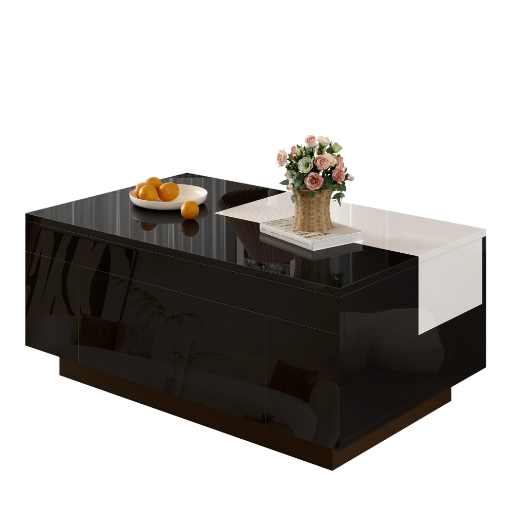 OKWISH Tavolino da Caffè Moderno con Piano Estensibile e Cassetto Nascosto, LED Bluetooth, per Soggiorno, MDF, Nero e Bianco, 80×50×35,5 cm