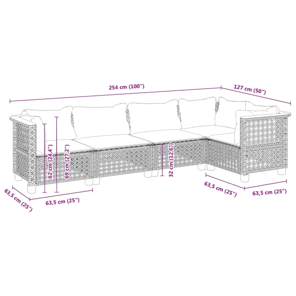 Set Divano da Giardino 5 pz con Cuscini Grigio in Polyrattan