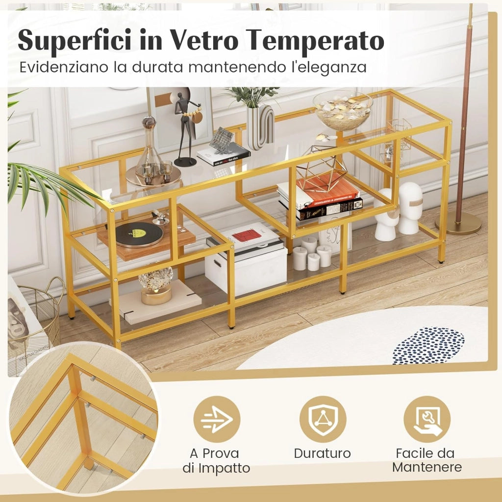 Mobile Porta TV fino a 65’’, Tavolo Consolle TV con Mensole in Vetro Temperato, Mobile TV con Struttura in Metallo, Supporto TV con Struttura in Metallo, per Soggiorno, Camera da Letto