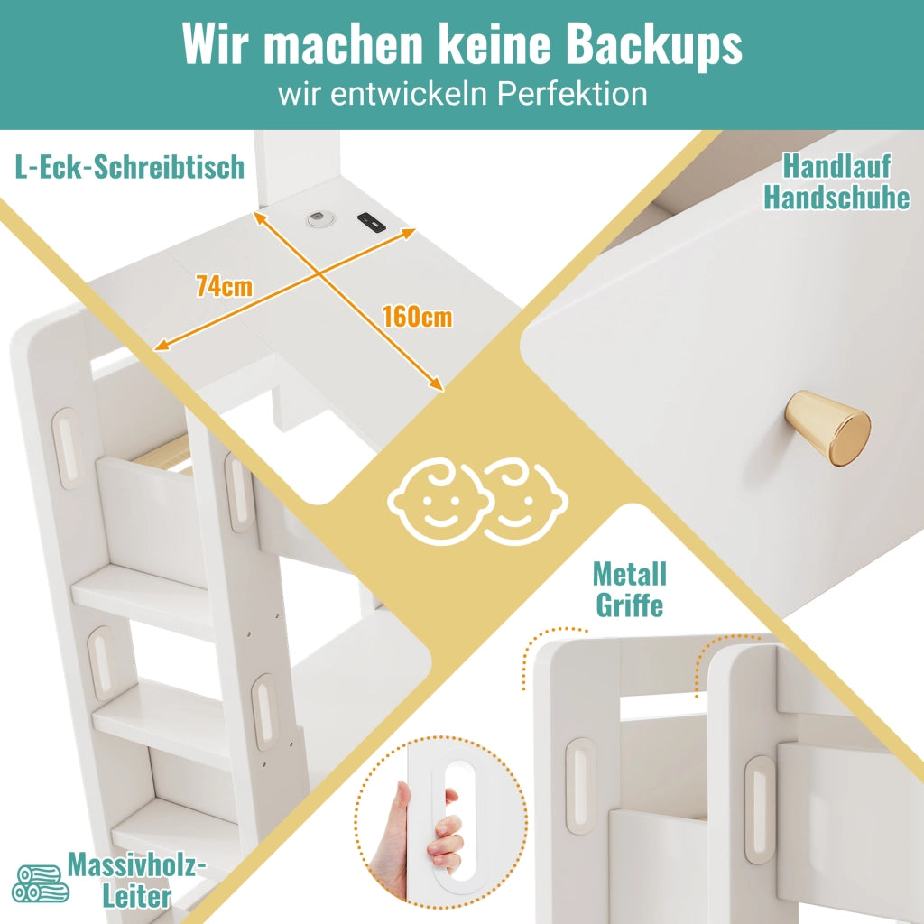 Letto a castello – 90x200 cm – scrivania L USBC ripiani – bianco